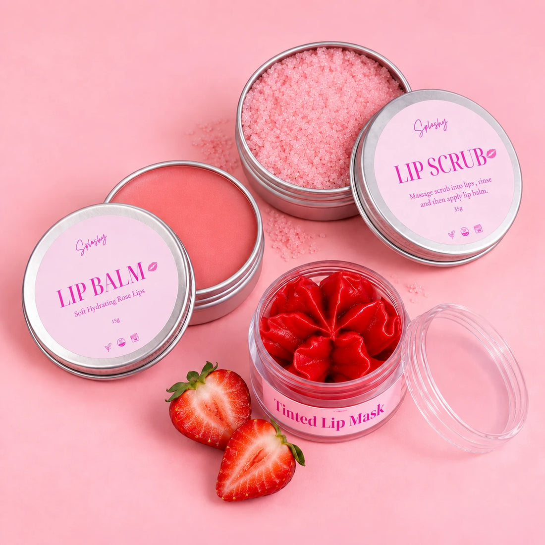Splashy Lip Care Bundle: Lip Balm, Lip Scrub and Tinted Lip Mask